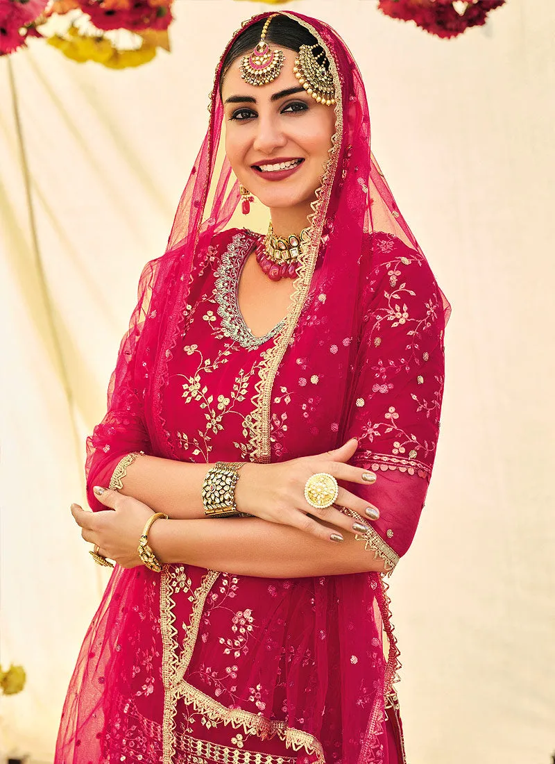 Pink Zari Embroidered Festive Wear Sharara Style Suit