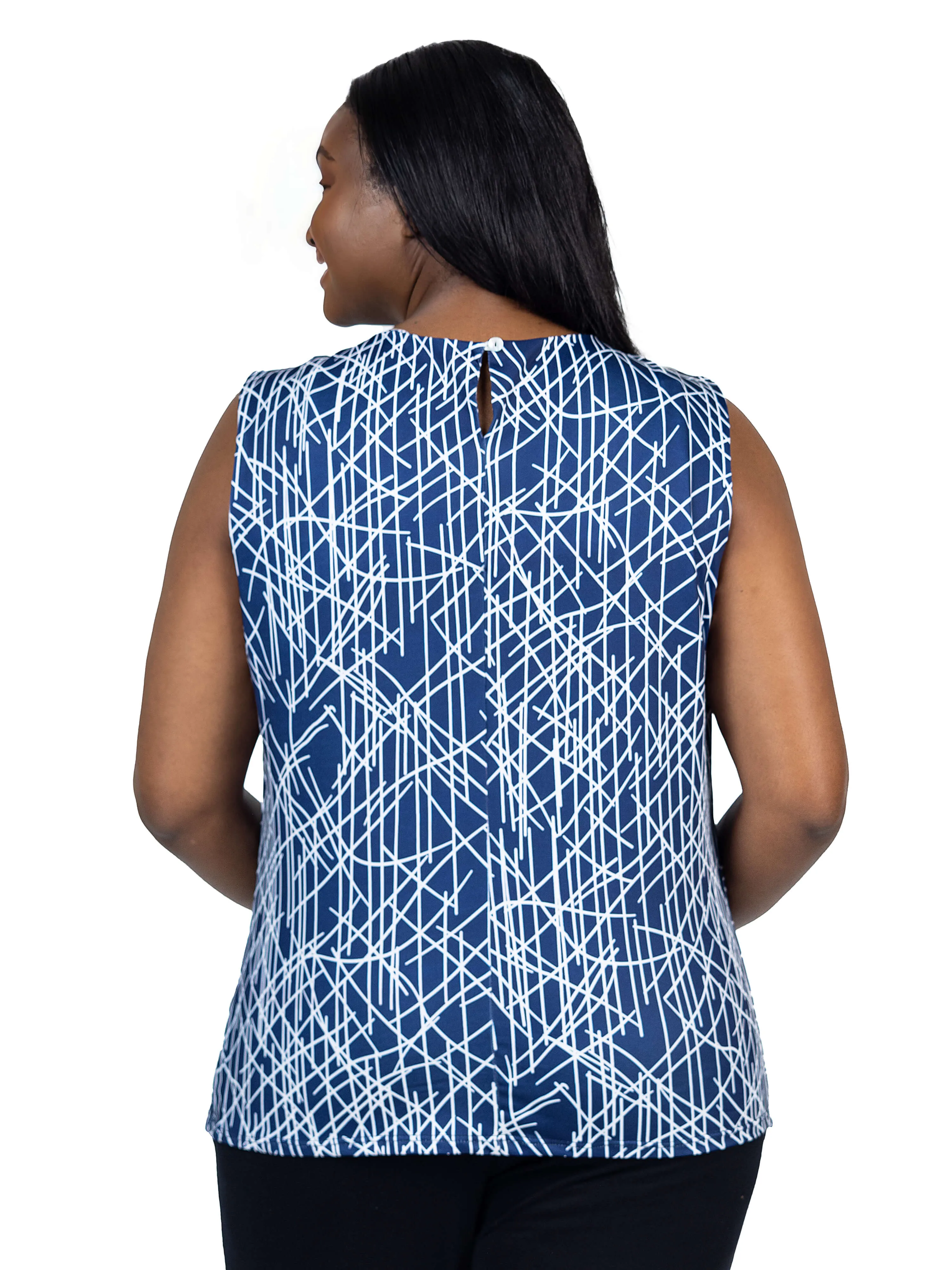 Plus Size Navy Print Pleated Crew Neckline Back Closure Sleeveless Top