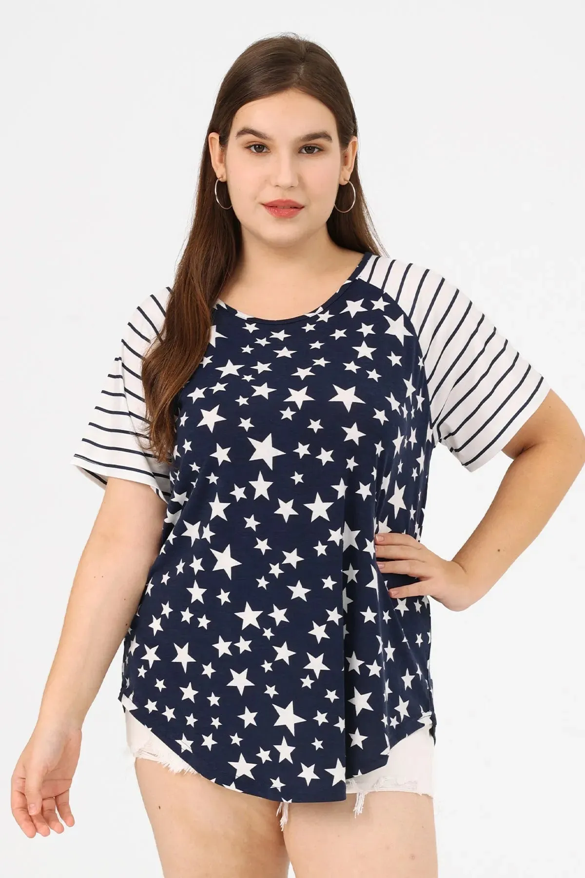 Raglan Star Pattern Print Loose Hem T-Shirt