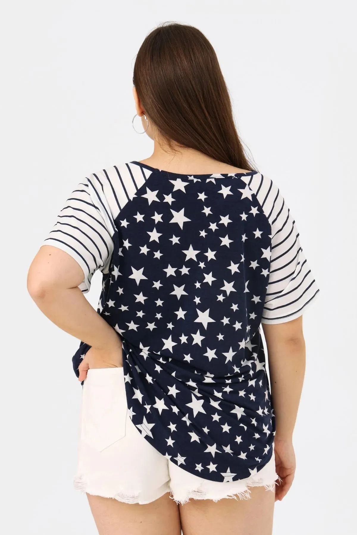 Raglan Star Pattern Print Loose Hem T-Shirt