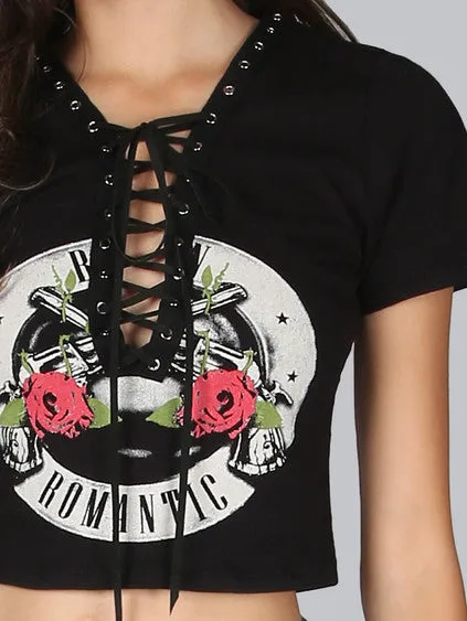 Rock star distressed lace up crop top