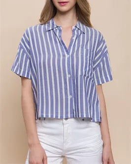 Sadie Cropped Striped Button Up T-Shirt