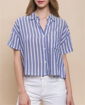 Sadie Cropped Striped Button Up T-Shirt