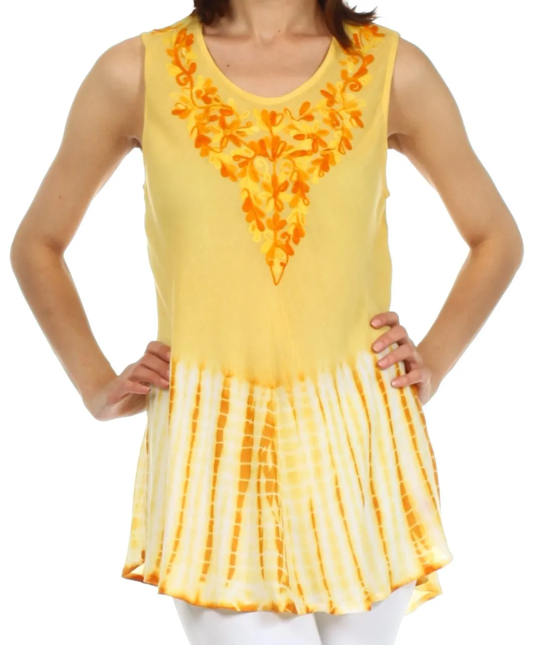 Sakkas Floral Yarn Embroidered Tie Dye Sleeveless Blouse