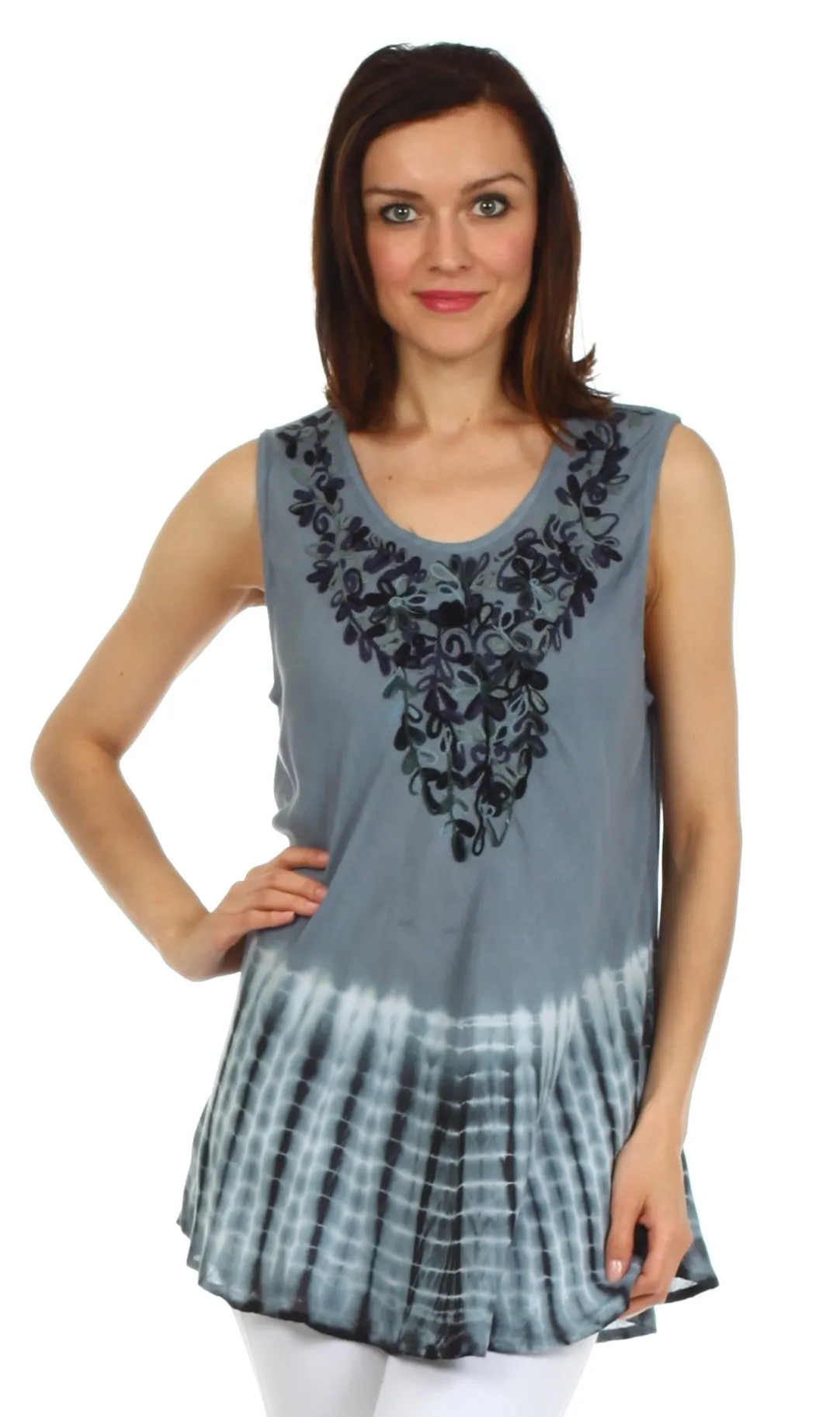 Sakkas Floral Yarn Embroidered Tie Dye Sleeveless Blouse