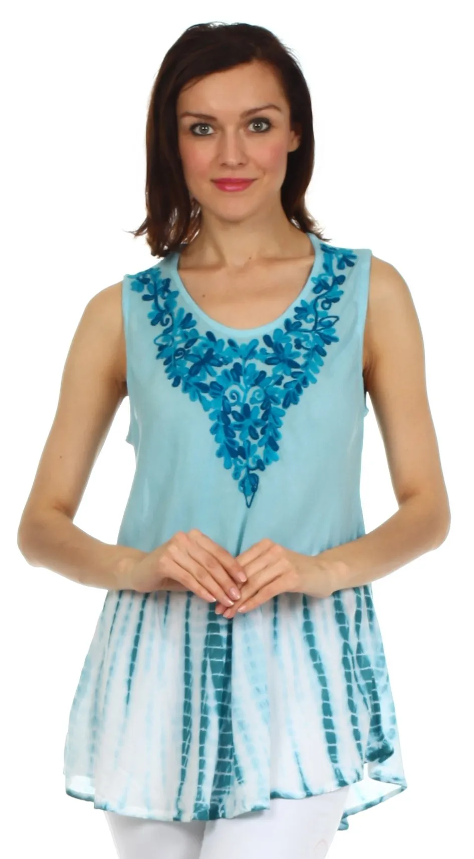 Sakkas Floral Yarn Embroidered Tie Dye Sleeveless Blouse