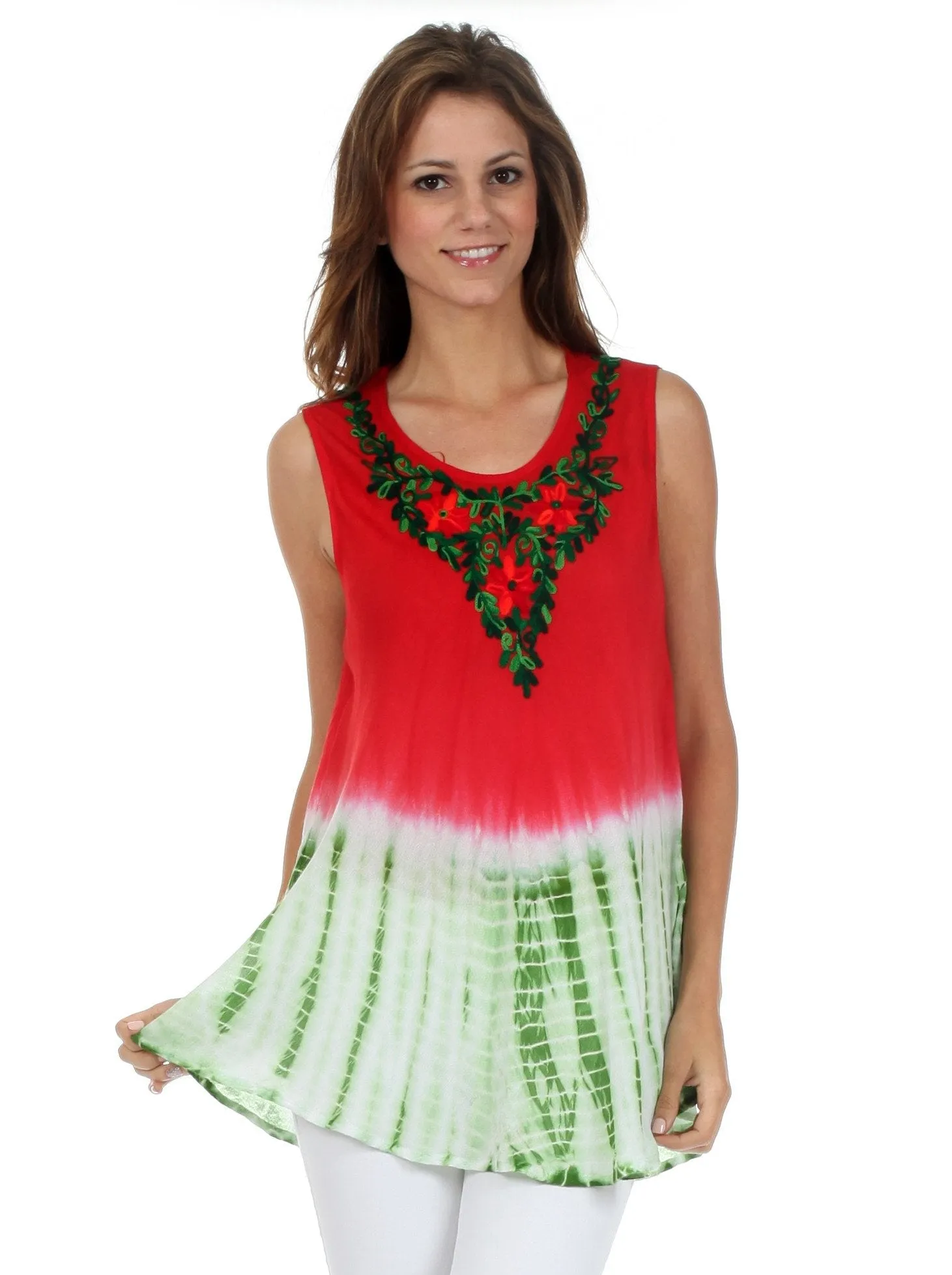 Sakkas Floral Yarn Embroidered Tie Dye Sleeveless Blouse