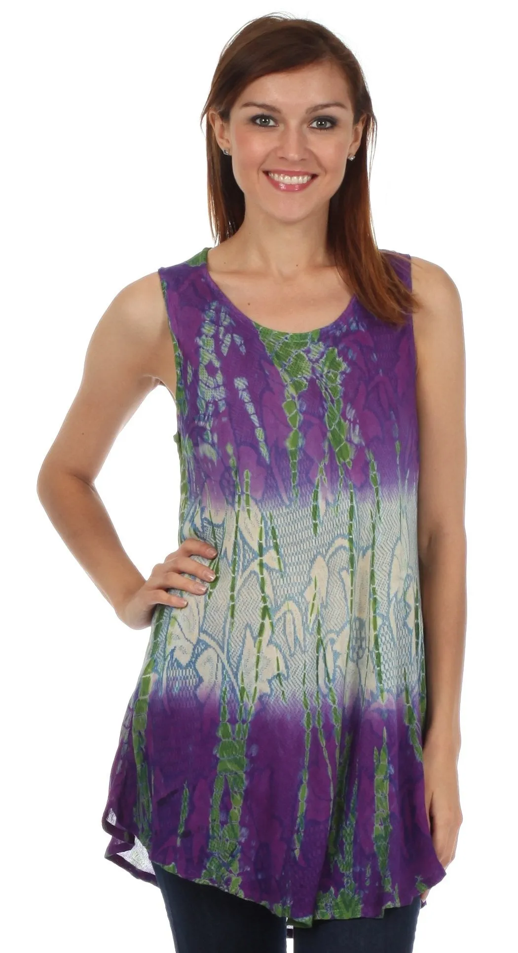 Sakkas Ombre Floral Tie Dye Flared Hem Sleeveless Rayon Tunic Blouse