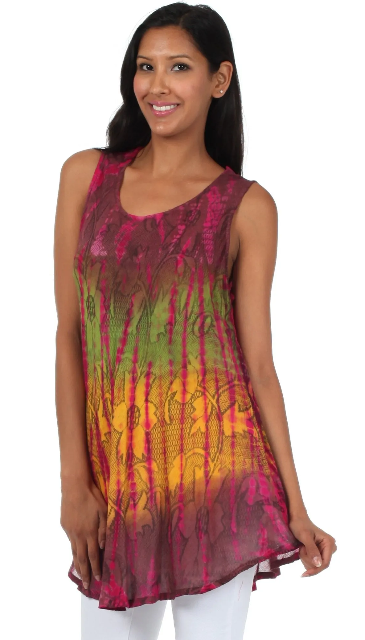 Sakkas Ombre Floral Tie Dye Flared Hem Sleeveless Rayon Tunic Blouse