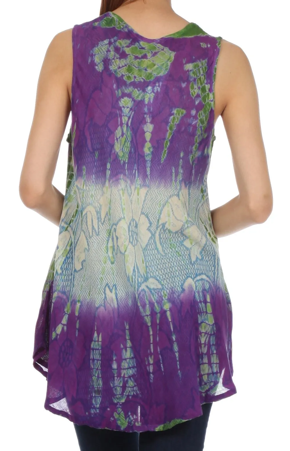 Sakkas Ombre Floral Tie Dye Flared Hem Sleeveless Rayon Tunic Blouse