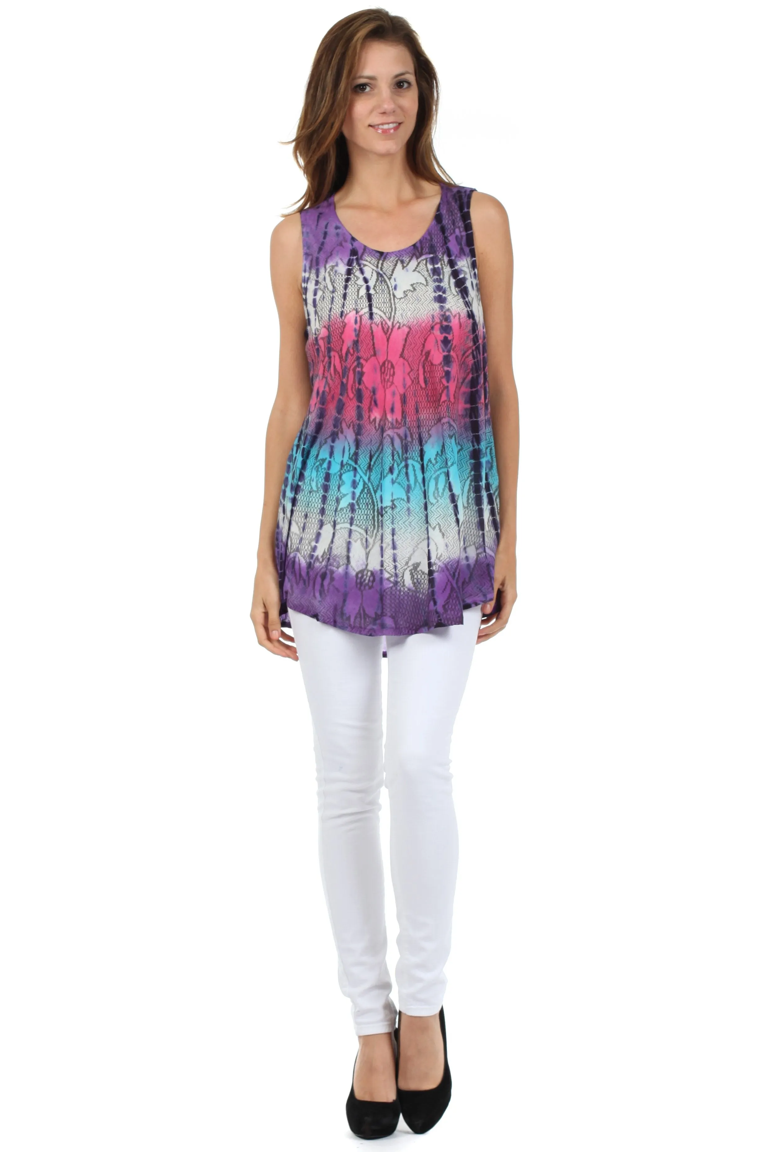 Sakkas Ombre Floral Tie Dye Flared Hem Sleeveless Rayon Tunic Blouse