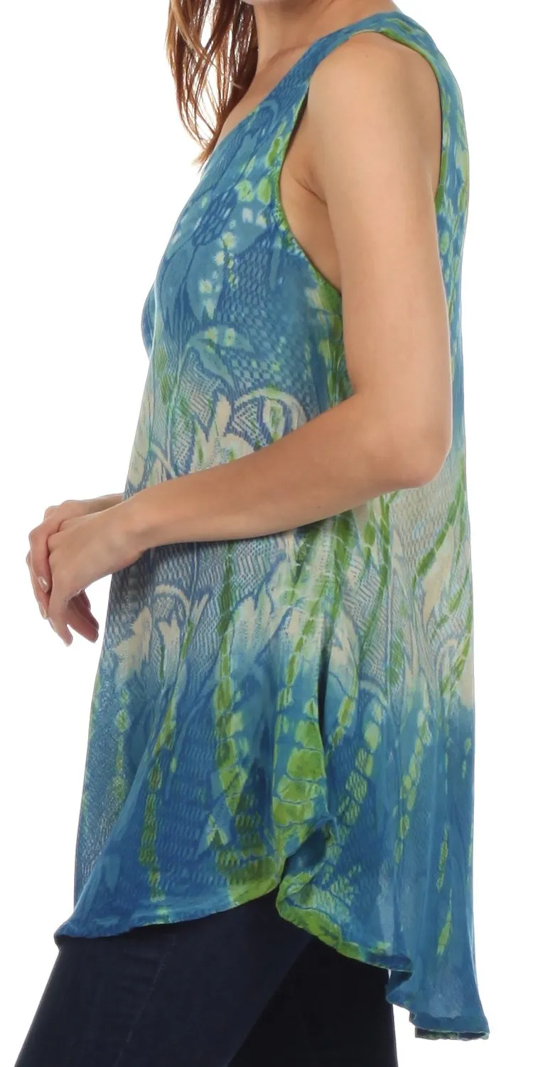 Sakkas Ombre Floral Tie Dye Flared Hem Sleeveless Rayon Tunic Blouse