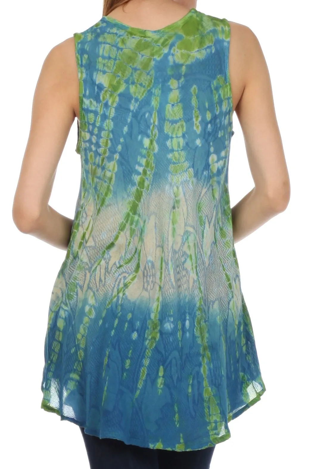 Sakkas Ombre Floral Tie Dye Flared Hem Sleeveless Rayon Tunic Blouse