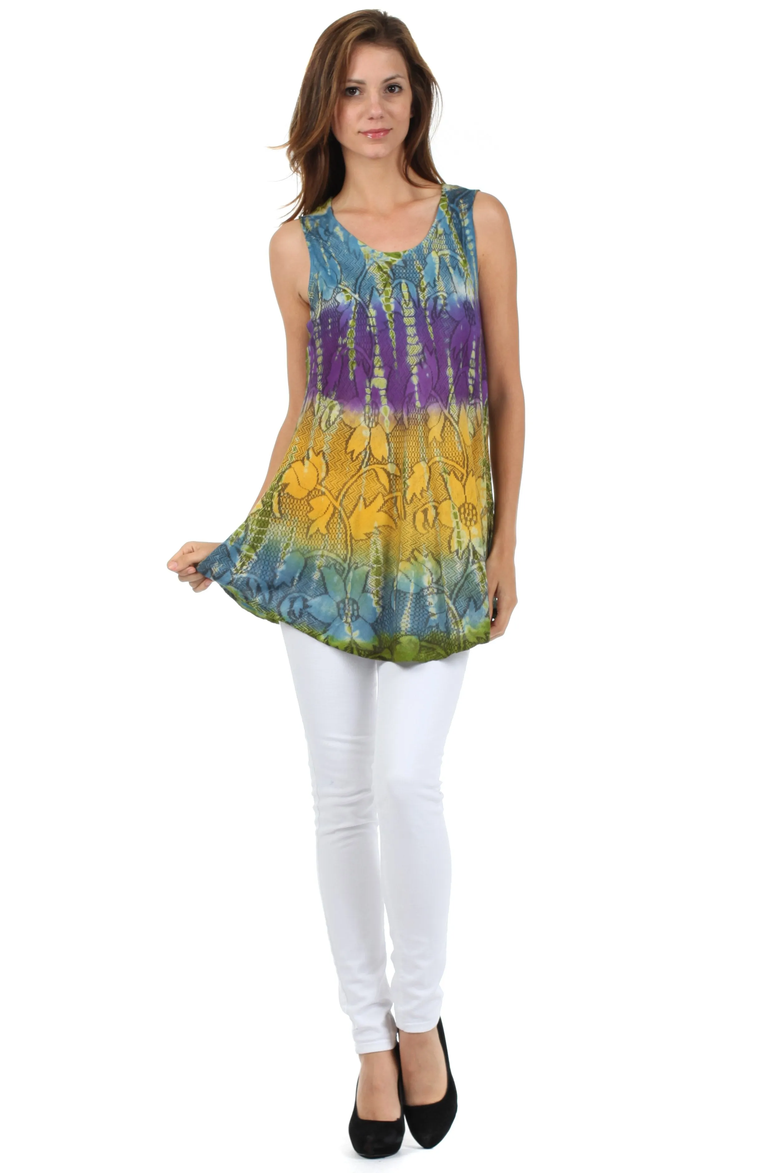 Sakkas Ombre Floral Tie Dye Flared Hem Sleeveless Rayon Tunic Blouse