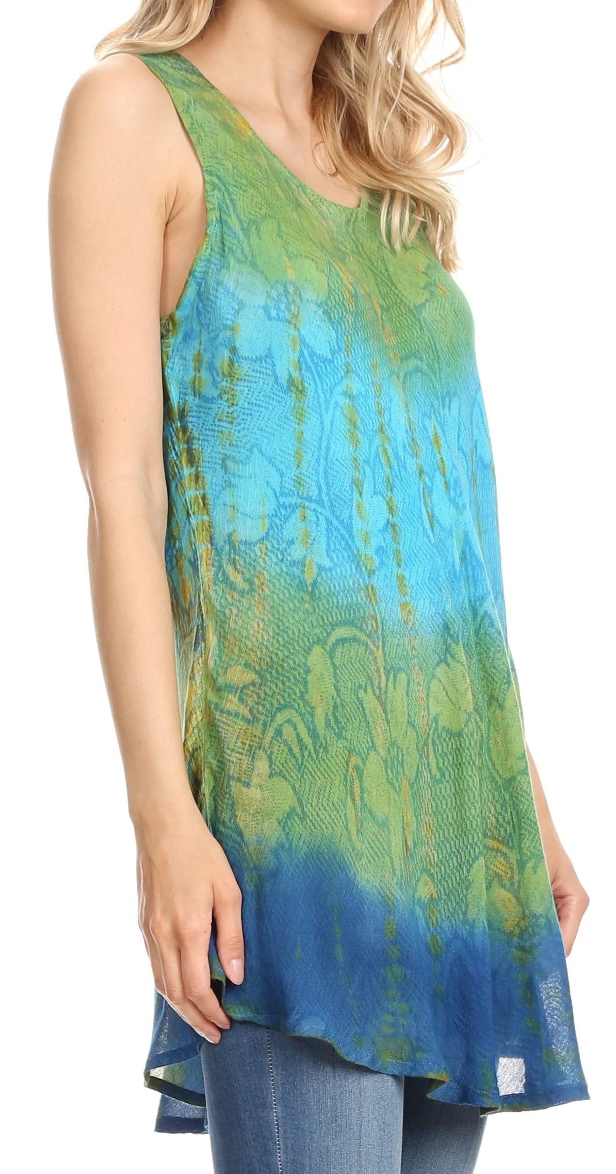 Sakkas Ombre Floral Tie Dye Flared Hem Sleeveless Rayon Tunic Blouse