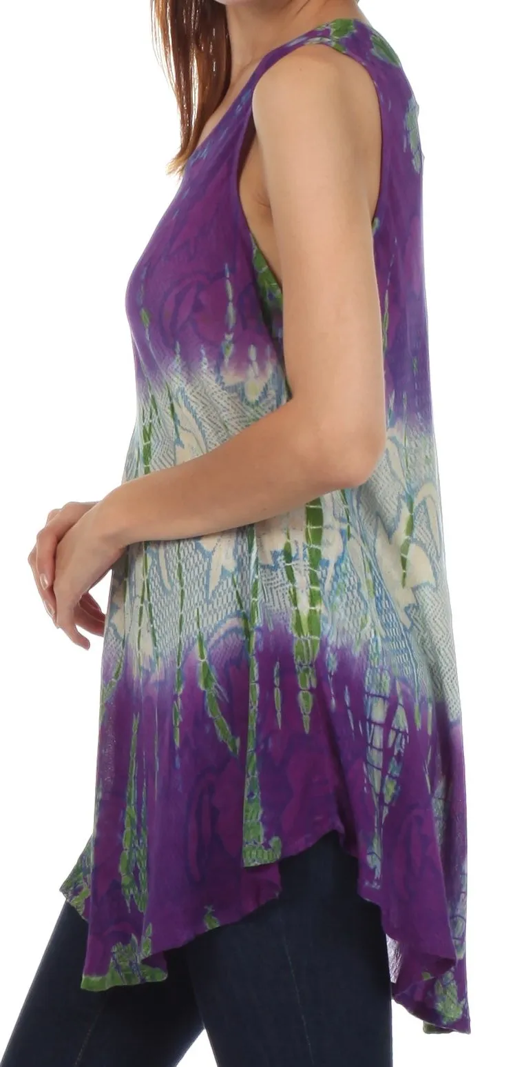 Sakkas Ombre Floral Tie Dye Flared Hem Sleeveless Rayon Tunic Blouse