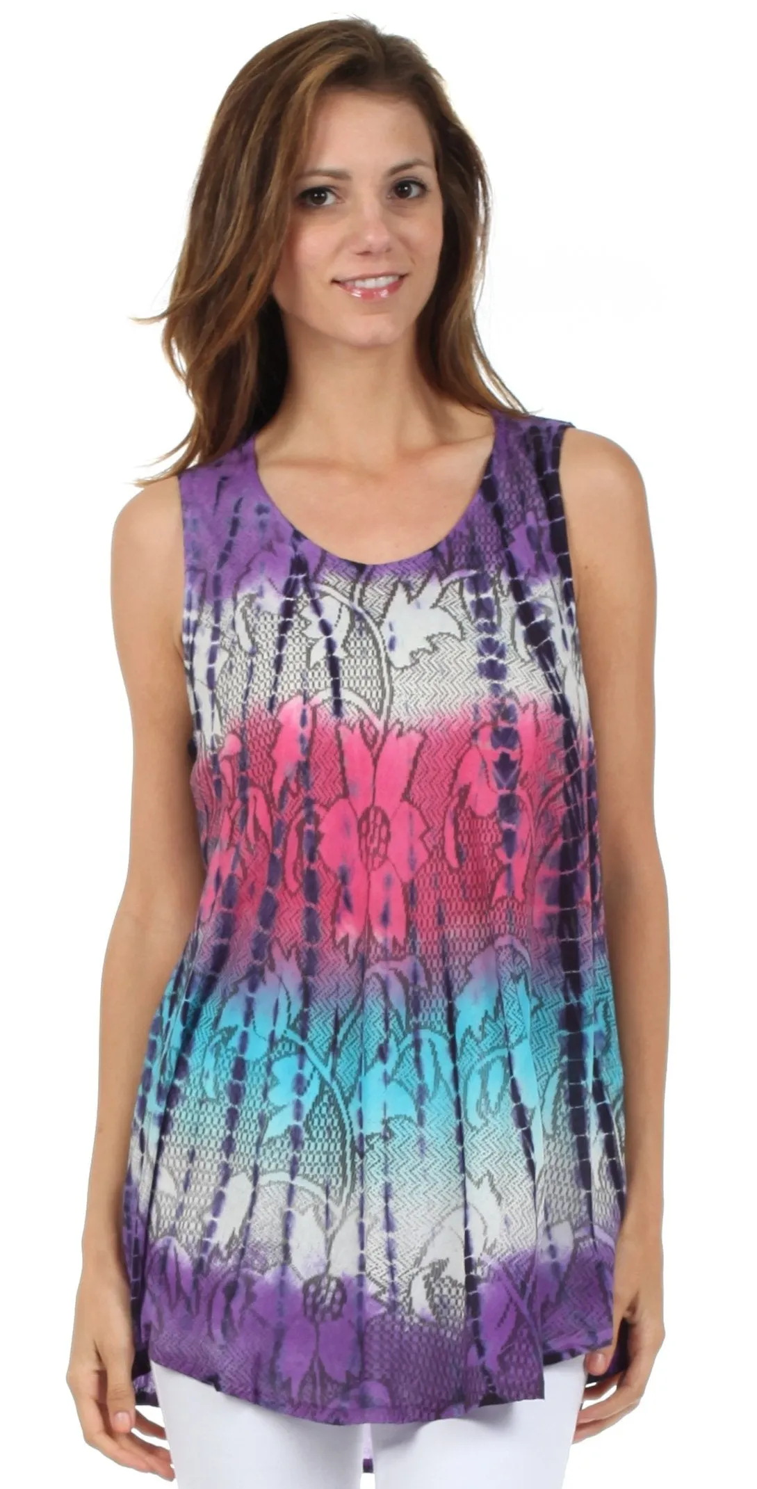 Sakkas Ombre Floral Tie Dye Flared Hem Sleeveless Rayon Tunic Blouse