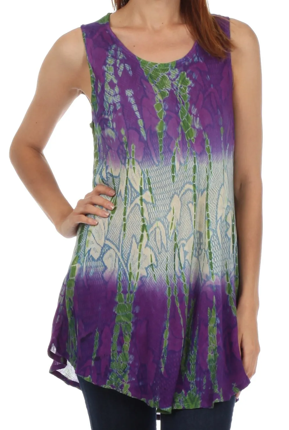 Sakkas Ombre Floral Tie Dye Flared Hem Sleeveless Rayon Tunic Blouse