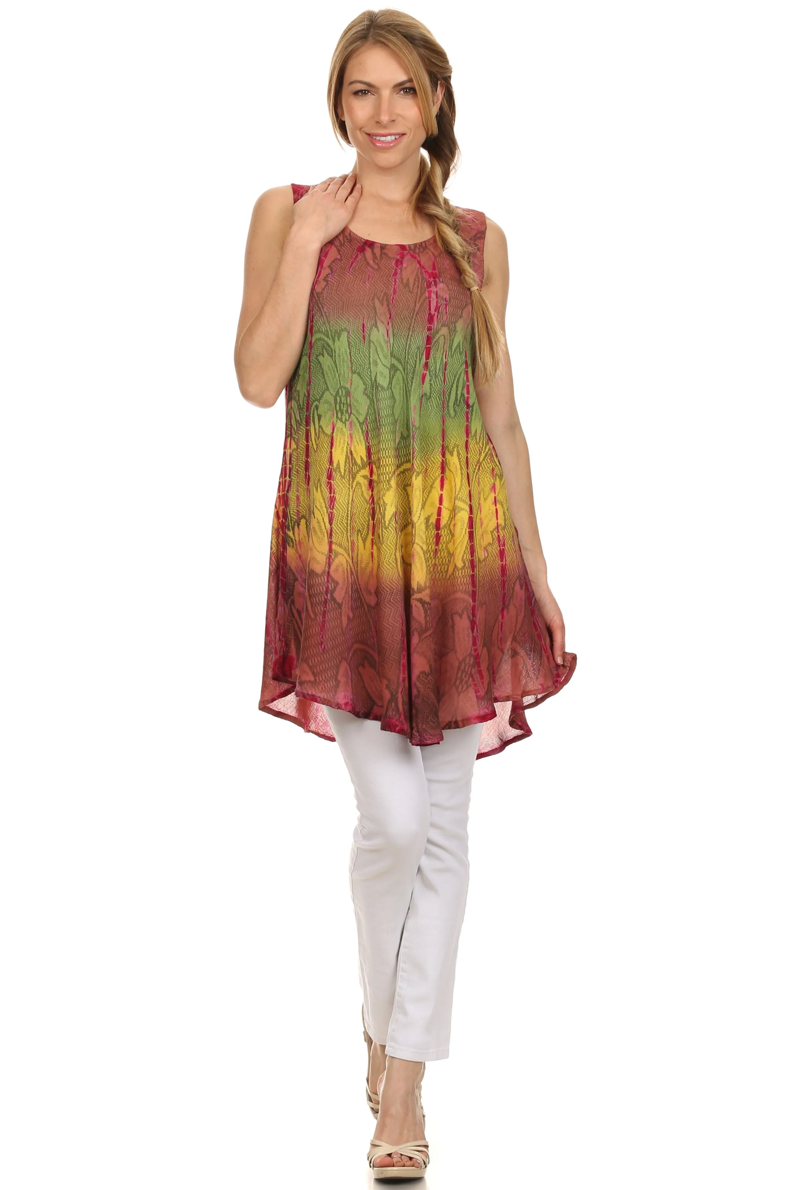 Sakkas Ombre Floral Tie Dye Flared Hem Sleeveless Rayon Tunic Blouse