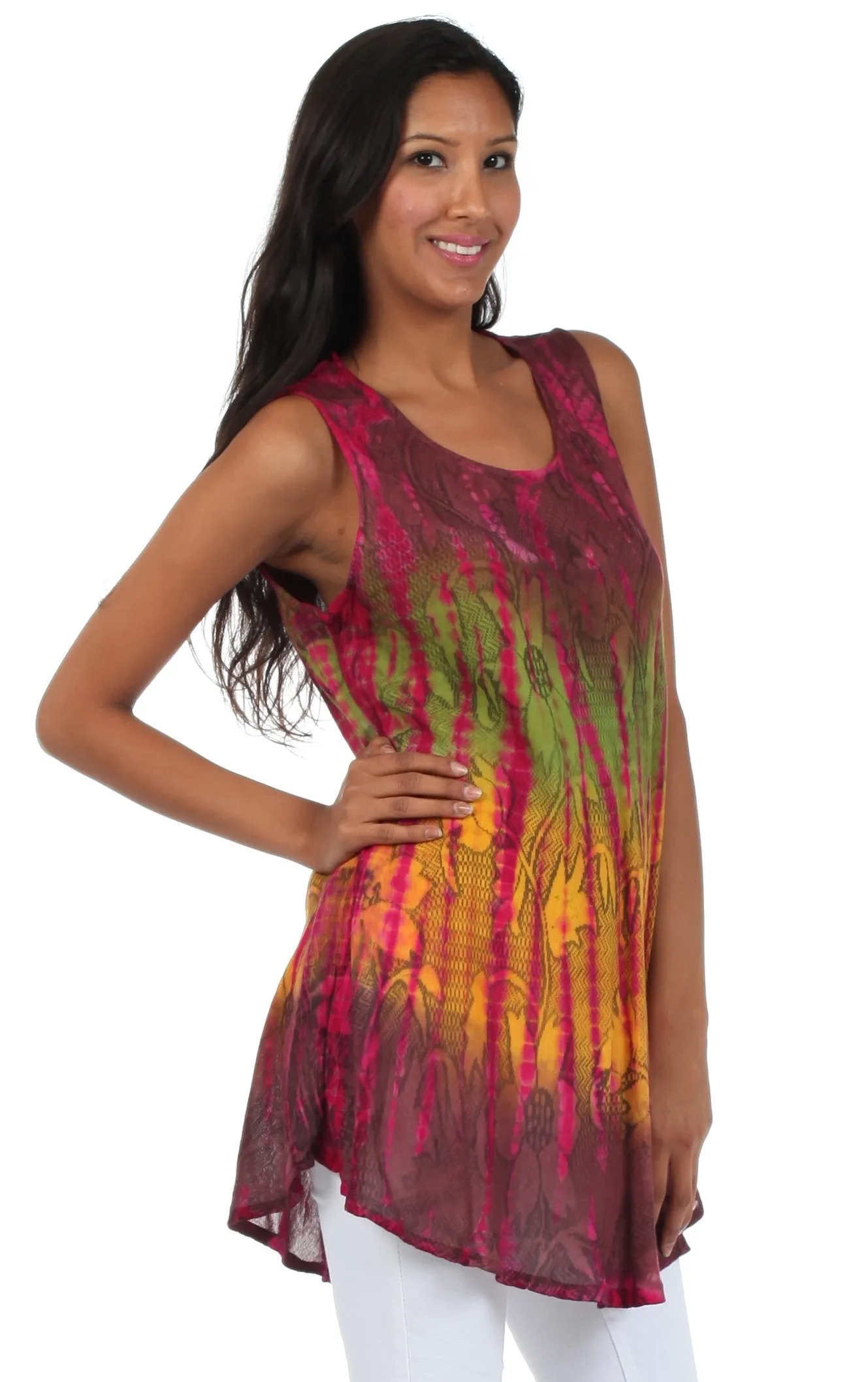 Sakkas Ombre Floral Tie Dye Flared Hem Sleeveless Rayon Tunic Blouse