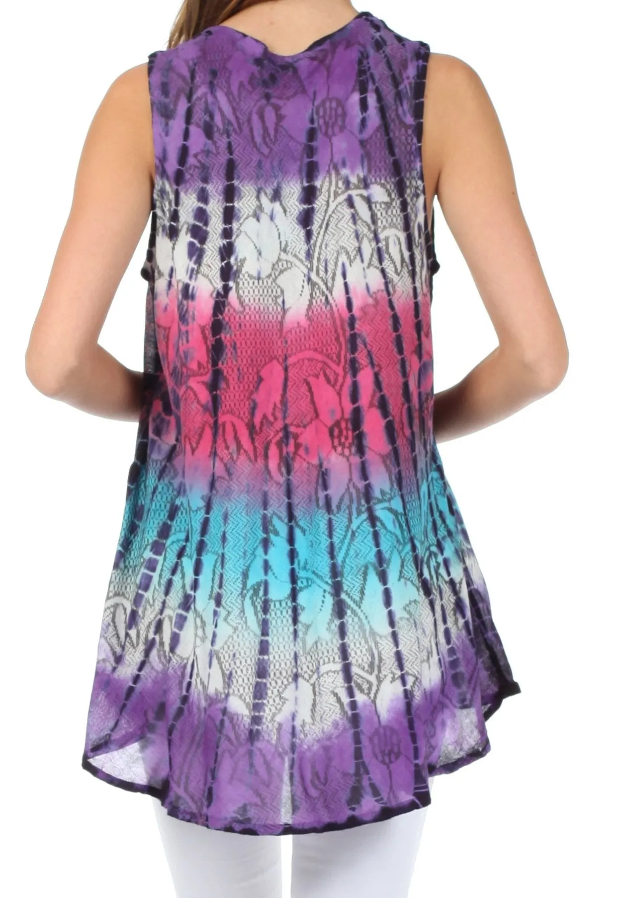 Sakkas Ombre Floral Tie Dye Flared Hem Sleeveless Rayon Tunic Blouse