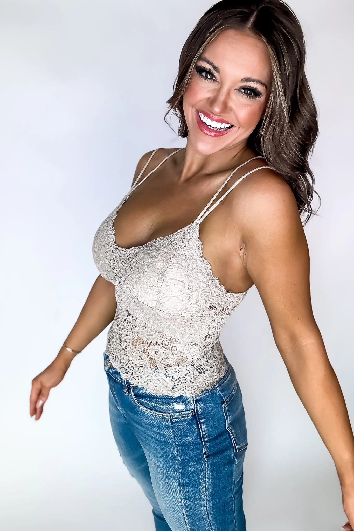 Serena Lace V Neck Beige Tank Top with Dual Spaghetti Strap