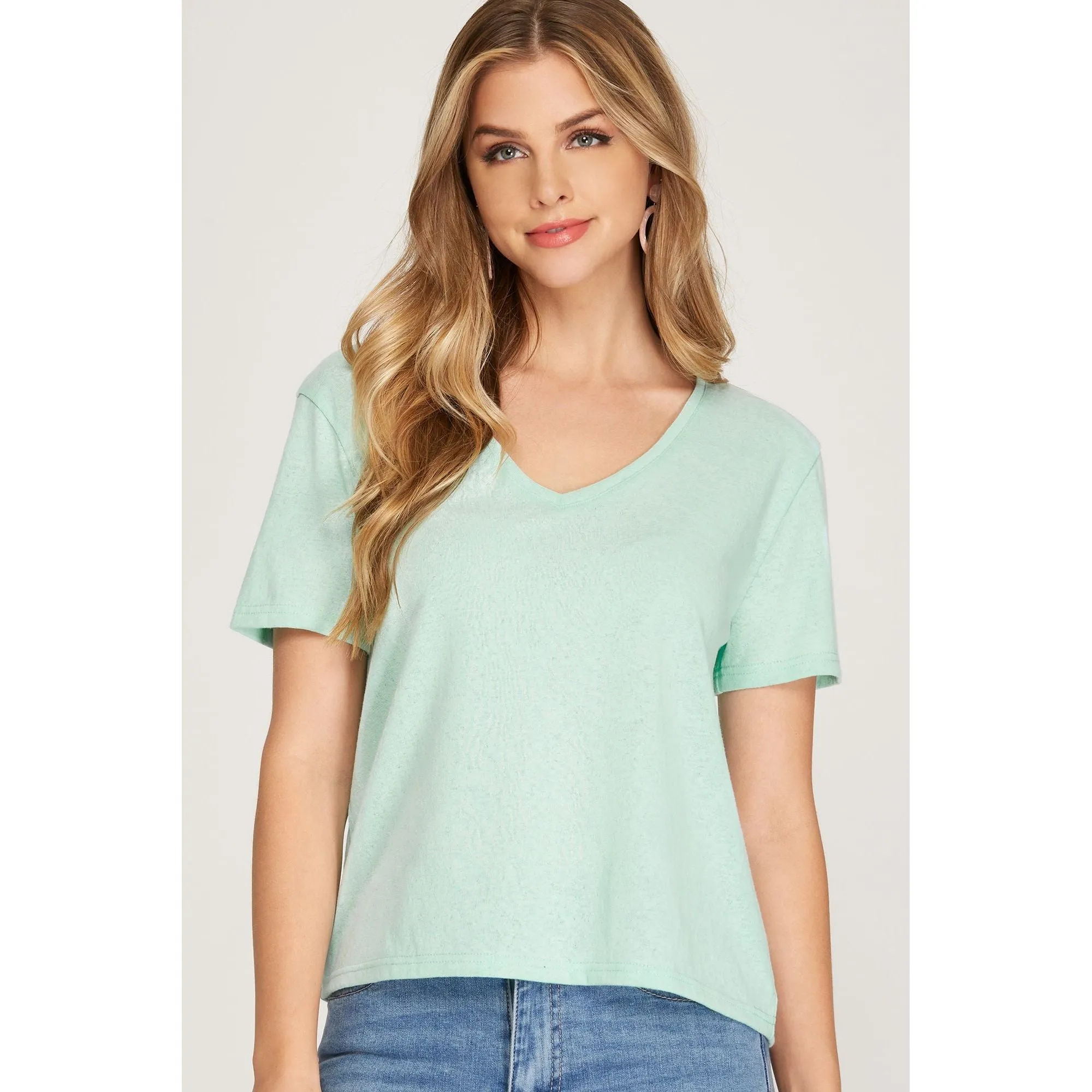 She   Sky Short Sleeve V Neck Cropped Top