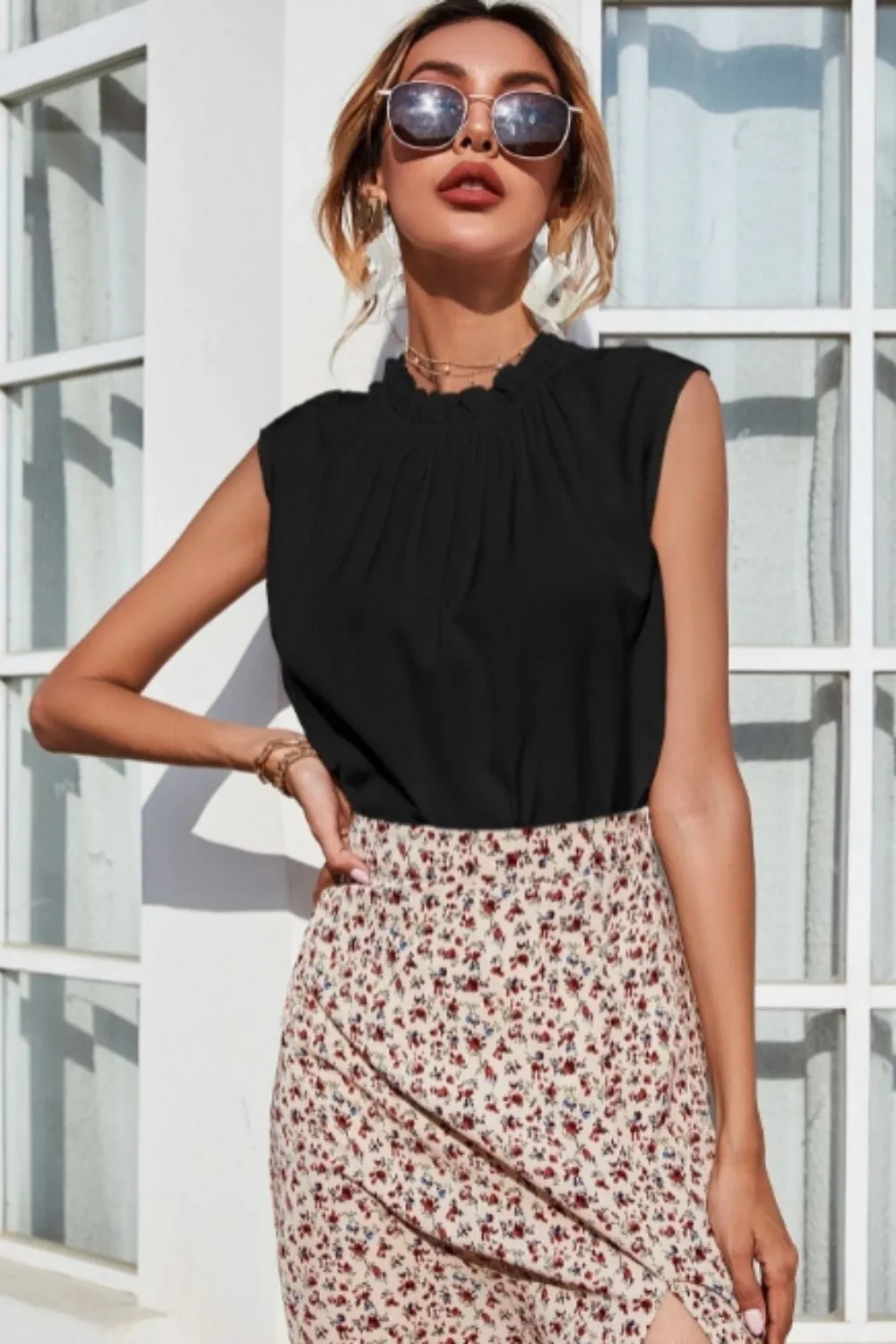 Solid Frill Neck Sleeveless Blouse