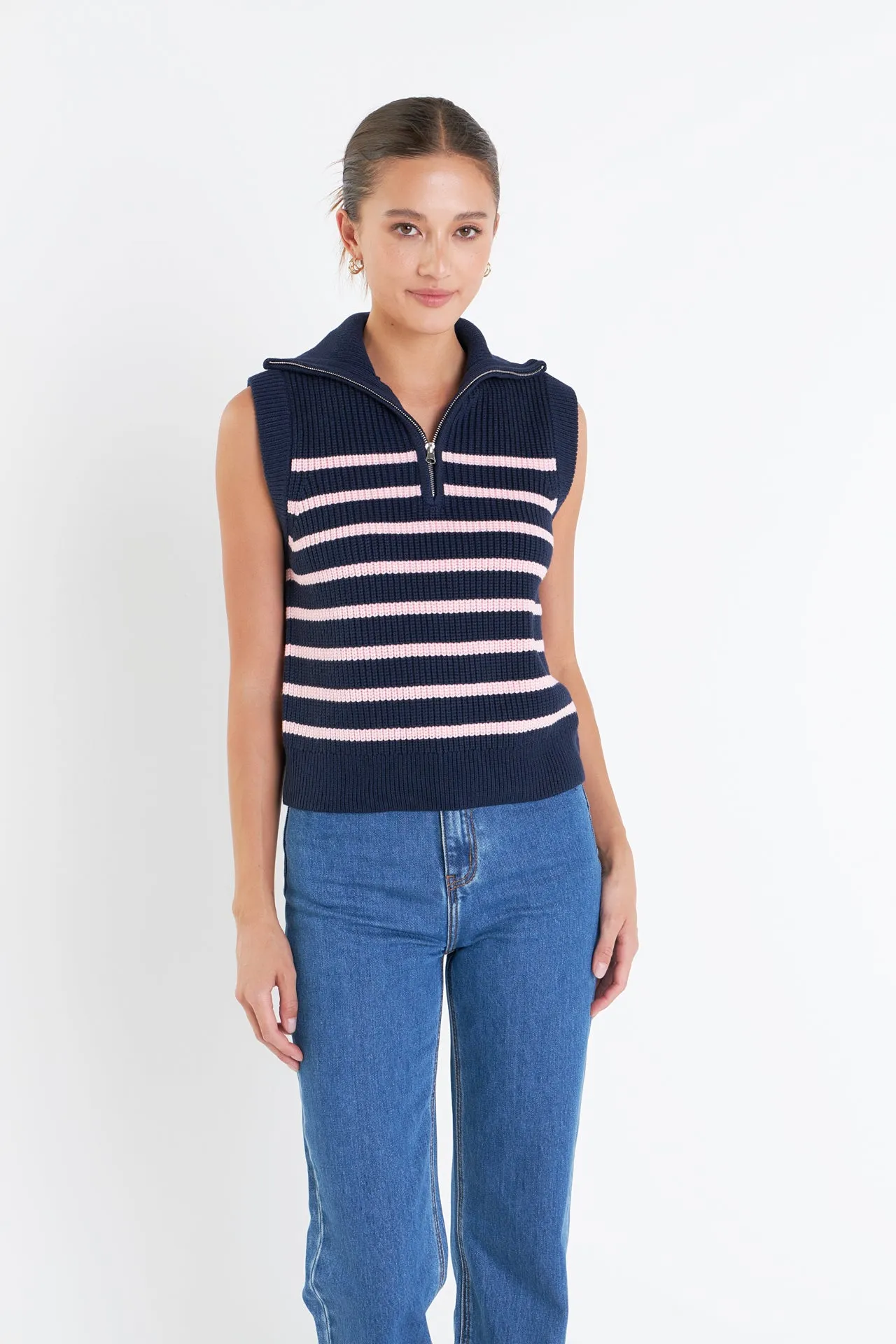 Stripe Half Zip Up Sleeveless Knit Top