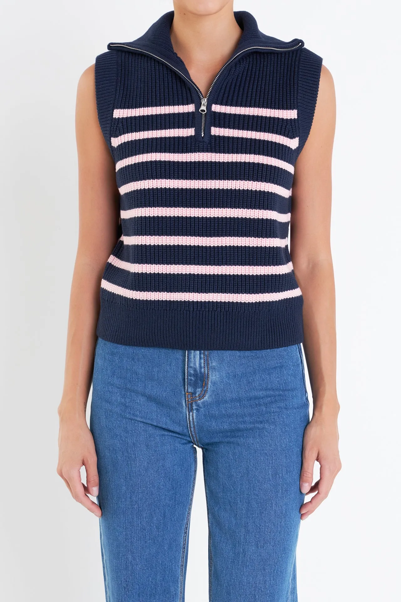 Stripe Half Zip Up Sleeveless Knit Top