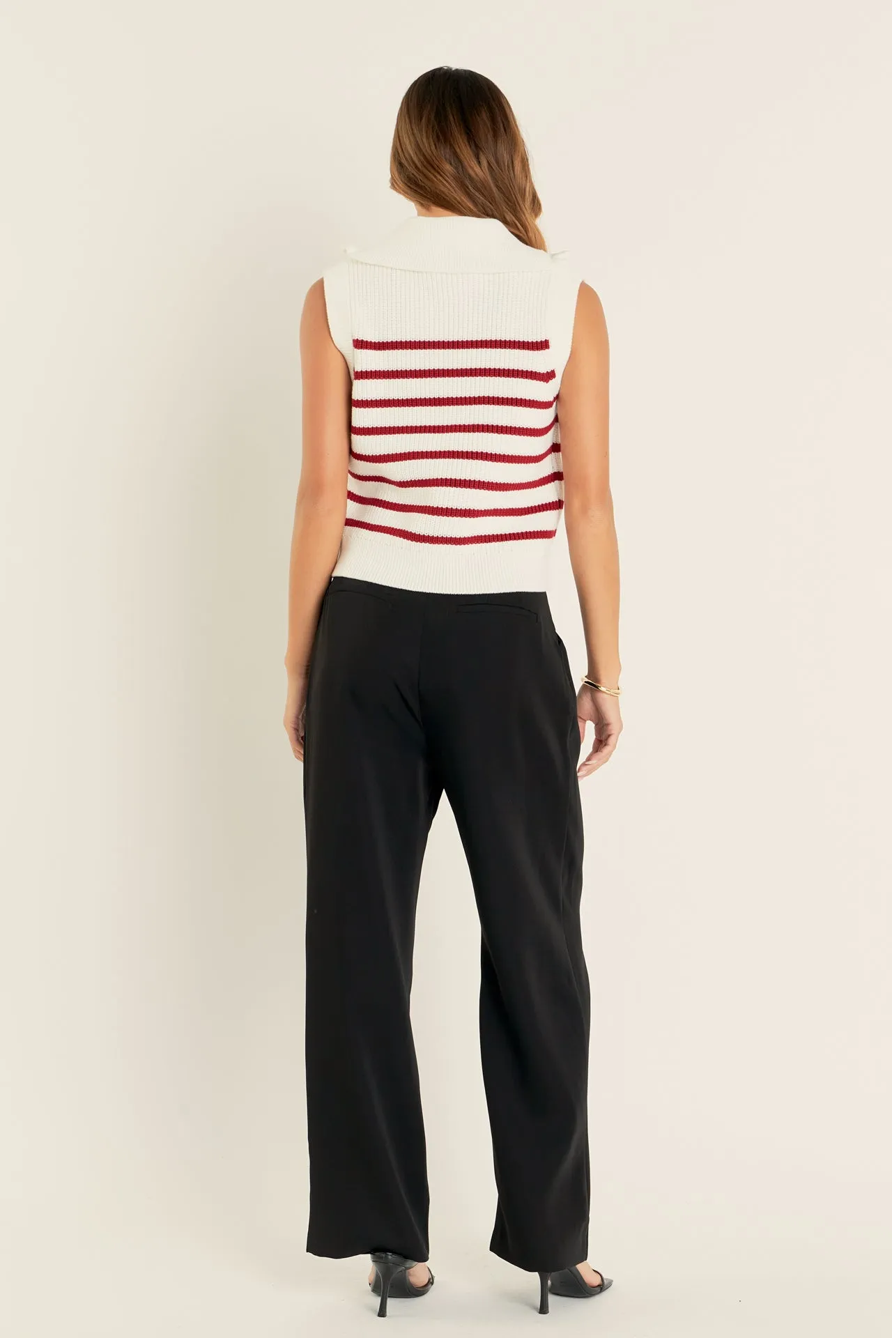 Stripe Half Zip Up Sleeveless Knit Top