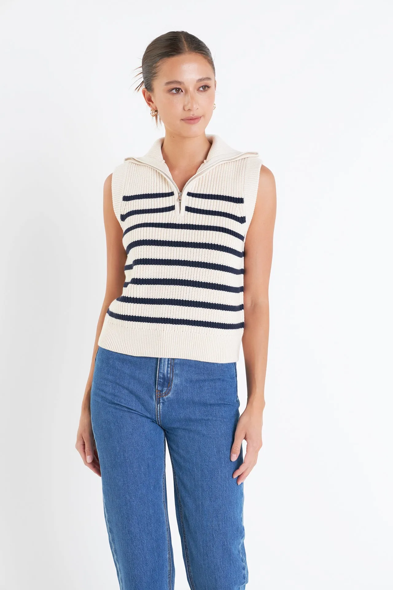 Stripe Half Zip Up Sleeveless Knit Top