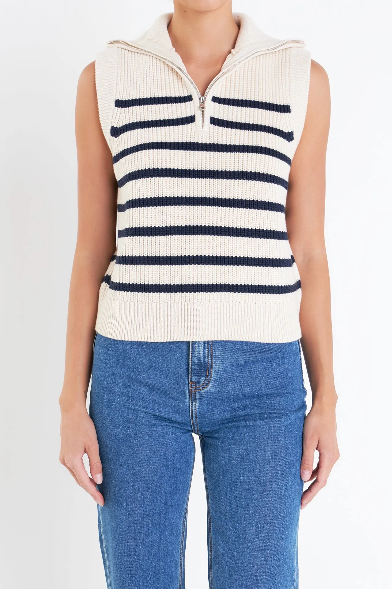 Stripe Half Zip Up Sleeveless Knit Top