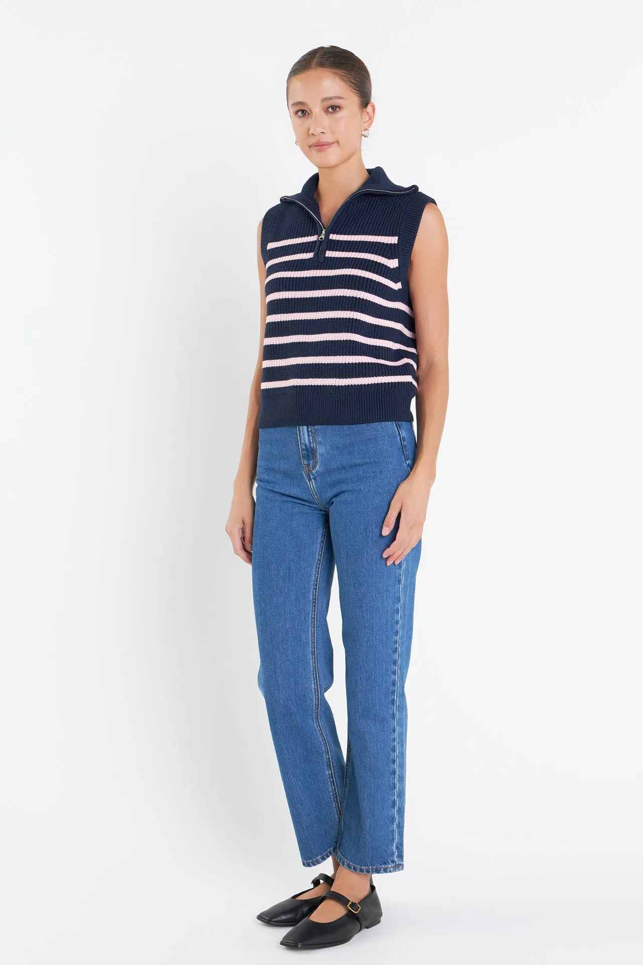 Stripe Half Zip Up Sleeveless Knit Top