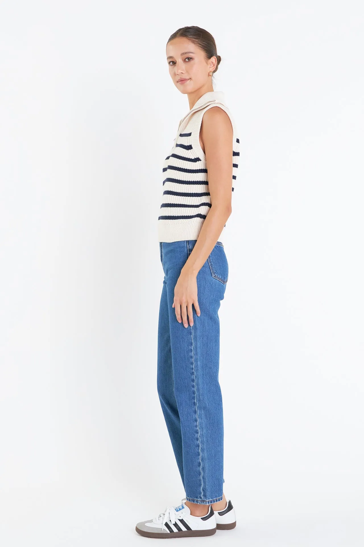 Stripe Half Zip Up Sleeveless Knit Top