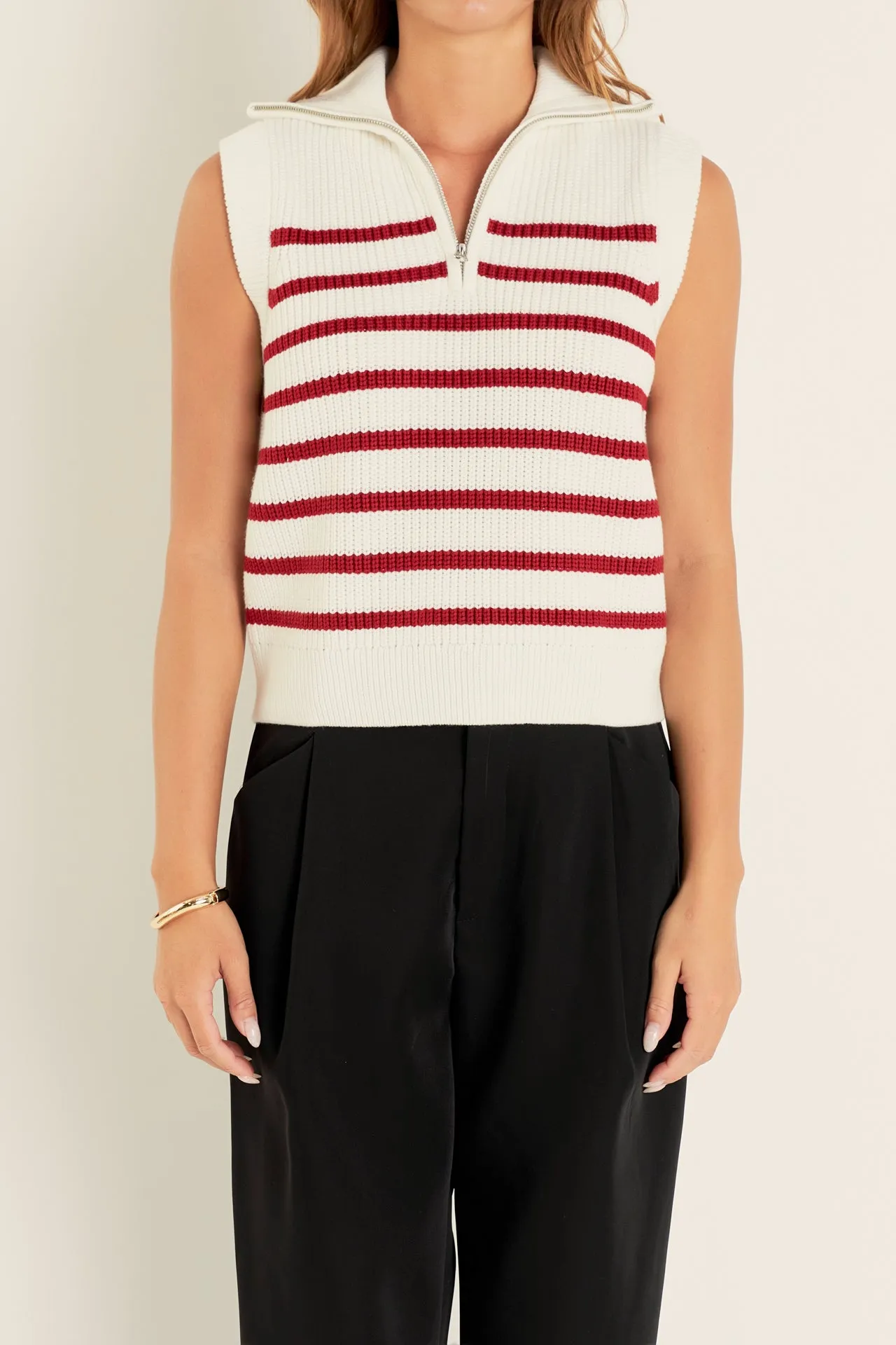 Stripe Half Zip Up Sleeveless Knit Top