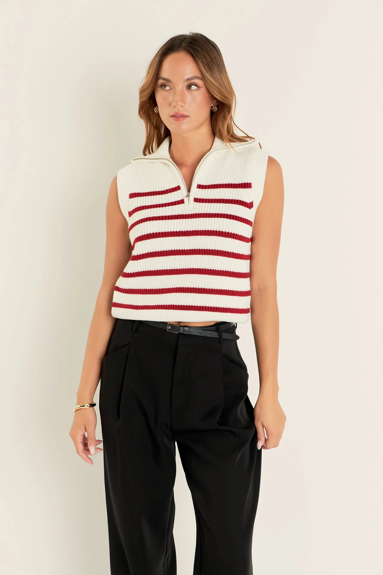 Stripe Half Zip Up Sleeveless Knit Top