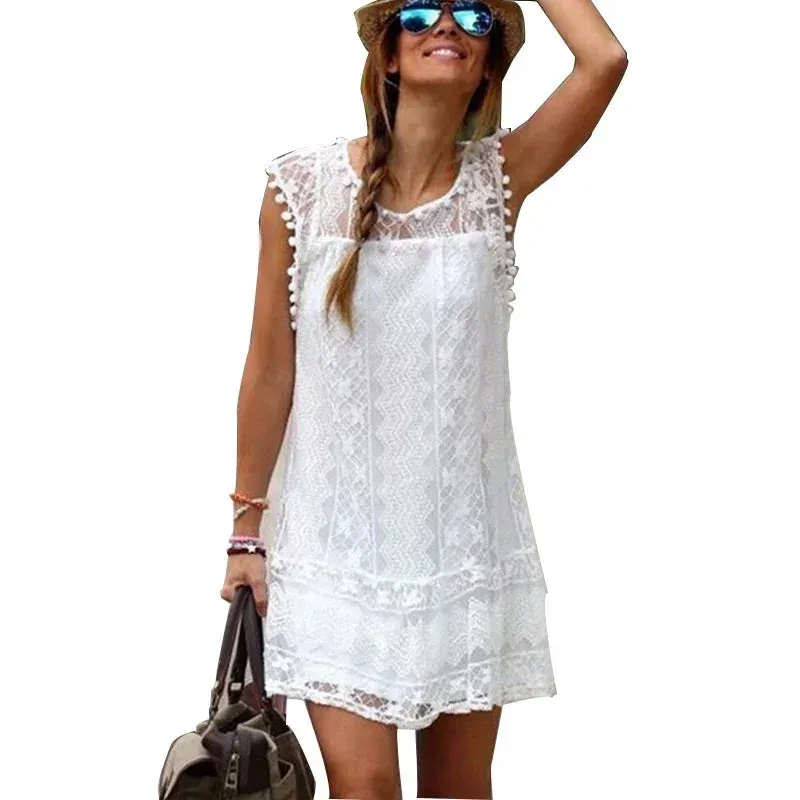 Summer White Women Dress 2023 Casual Sleeveless Beach Short Dress Female Sexy Tassel Mini Lace Dress vestidos de tricô femenino