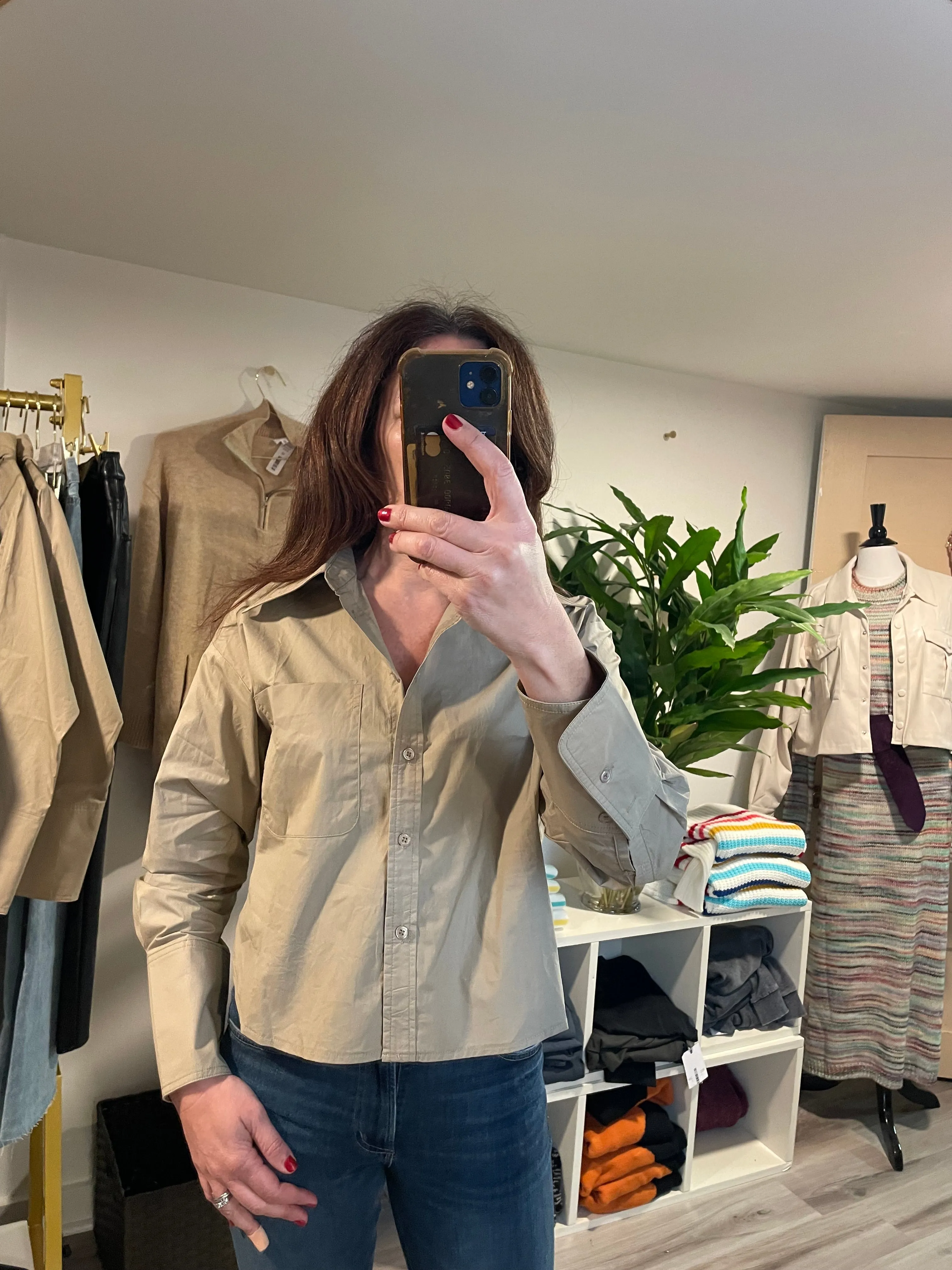 Tan Cropped Button Front Poplin Top