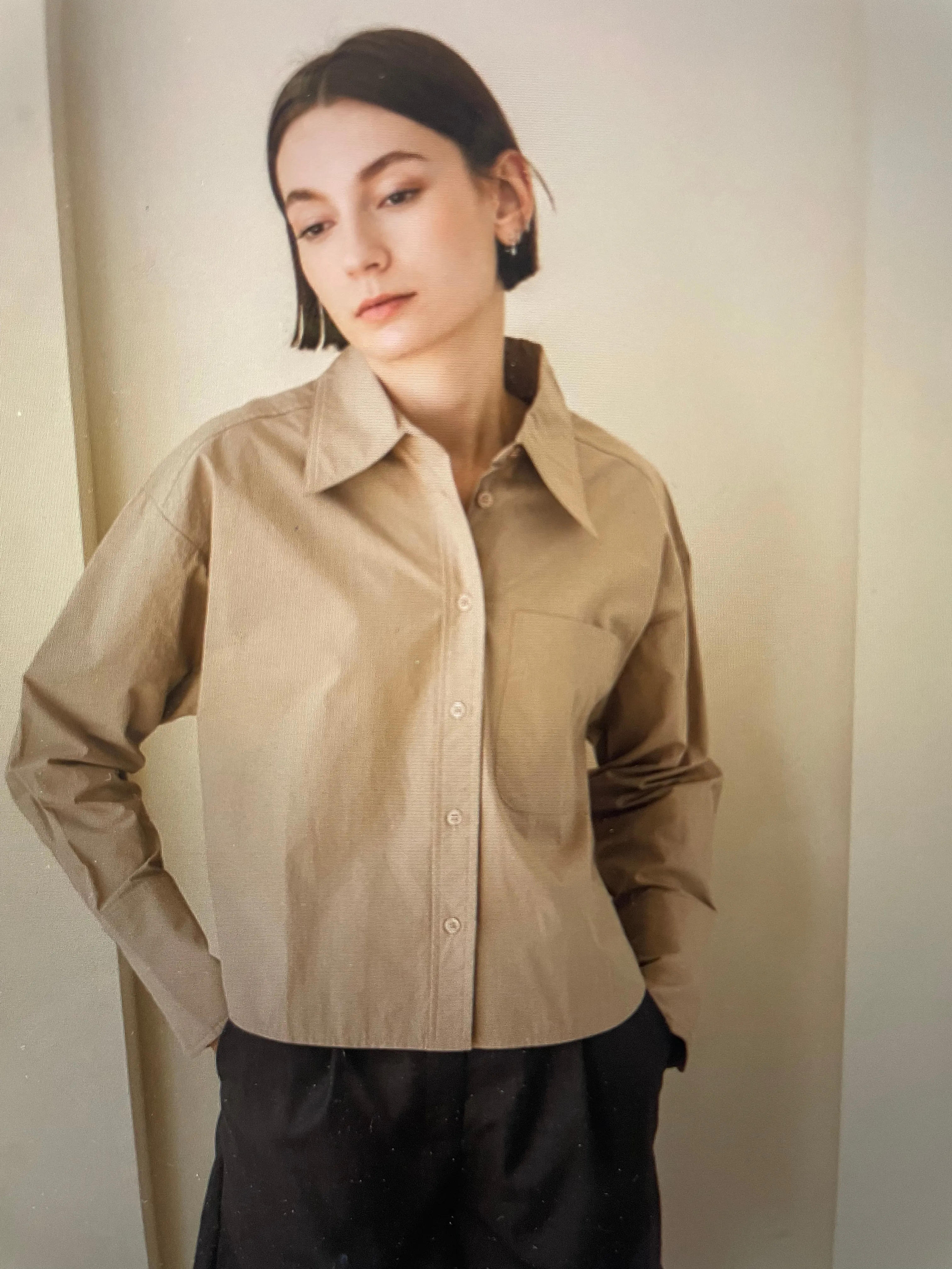 Tan Cropped Button Front Poplin Top