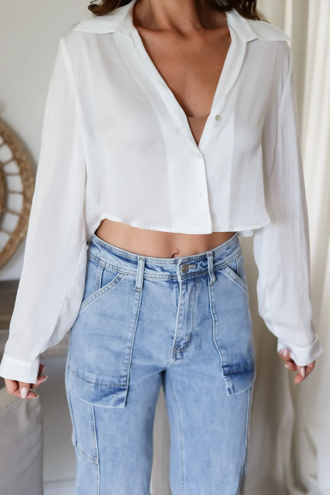 The Ari Satin Cropped Blouse- White