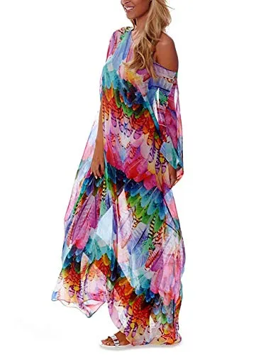 Turkish Print Chiffon Half Sleeve Swimwear Beach Caftan Dress