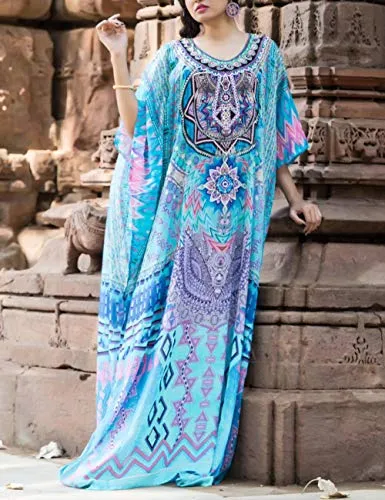 Turkish Print Chiffon Half Sleeve Swimwear Beach Caftan Dress