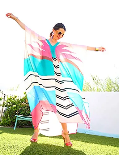 Turkish Print Chiffon Half Sleeve Swimwear Beach Caftan Dress