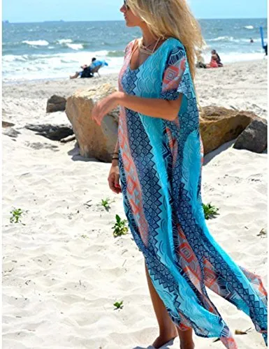 Turkish Print Chiffon Half Sleeve Swimwear Beach Caftan Dress