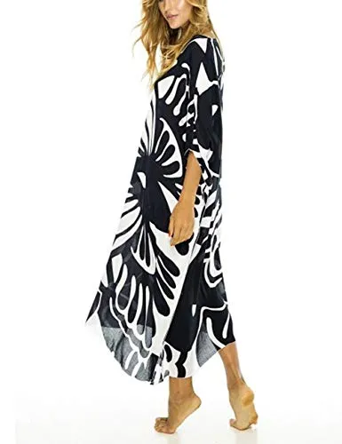 Turkish Print Chiffon Half Sleeve Swimwear Beach Caftan Dress