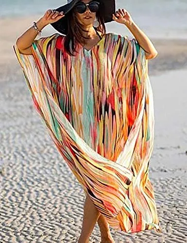 Turkish Print Chiffon Half Sleeve Swimwear Beach Caftan Dress