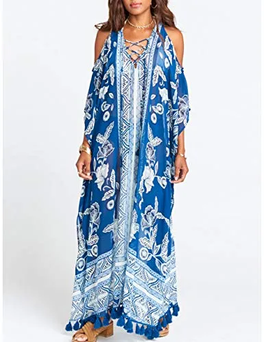 Turkish Print Chiffon Half Sleeve Swimwear Beach Caftan Dress