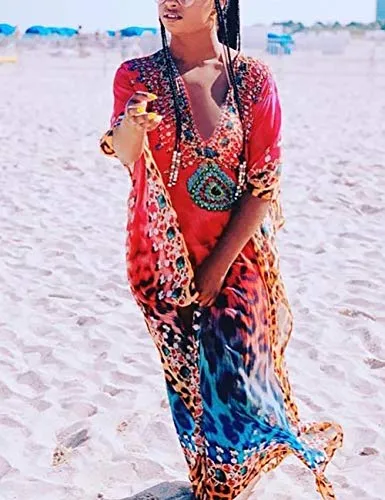 Turkish Print Chiffon Half Sleeve Swimwear Beach Caftan Dress