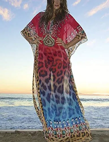 Turkish Print Chiffon Half Sleeve Swimwear Beach Caftan Dress